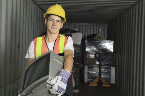 Workers conducting a safety inspection before loading a skip